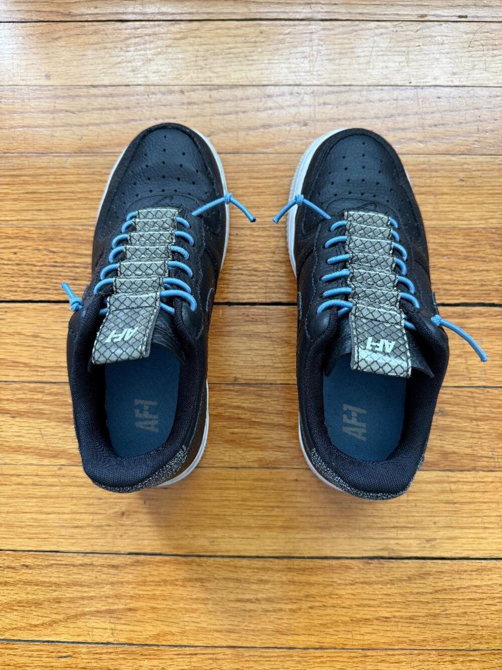 RARE Nike Air Force 1 - Women's Size 5 - Black/Silver with Blue Bungee Laces